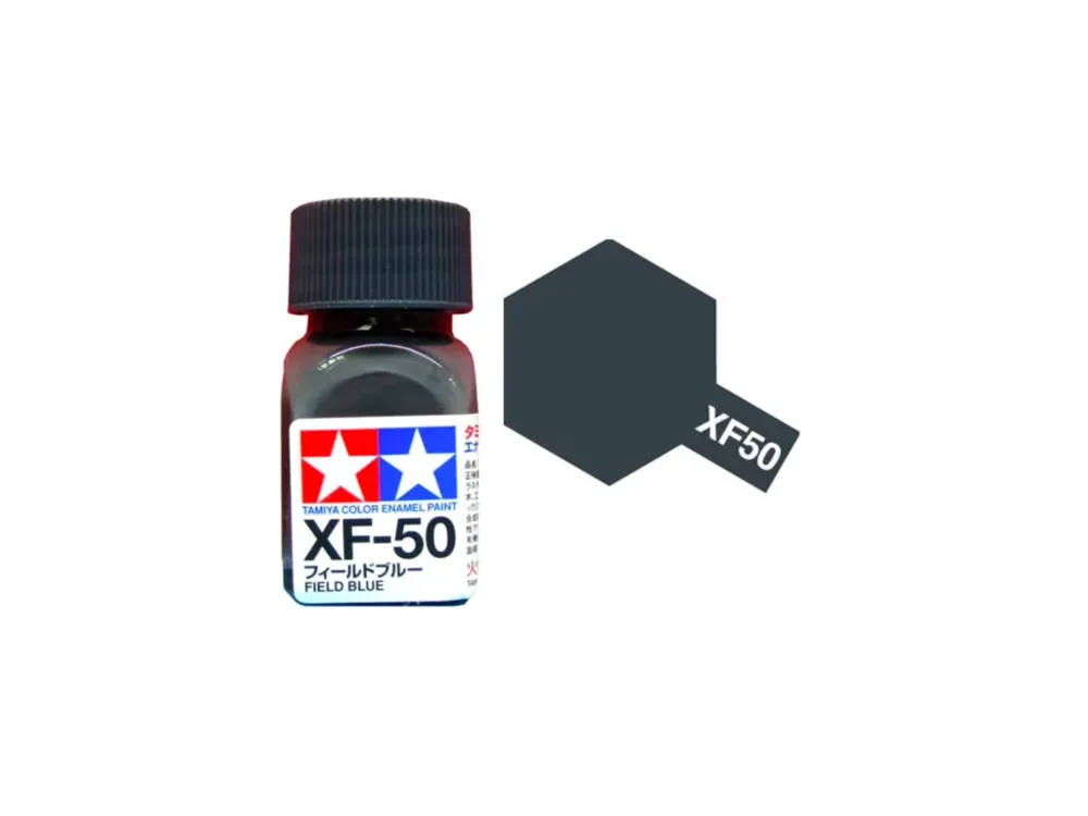 Skleněná lahvička emailové barvy Tamiya Enamel XF-50 Field Blue polní modrá matná 10 ml