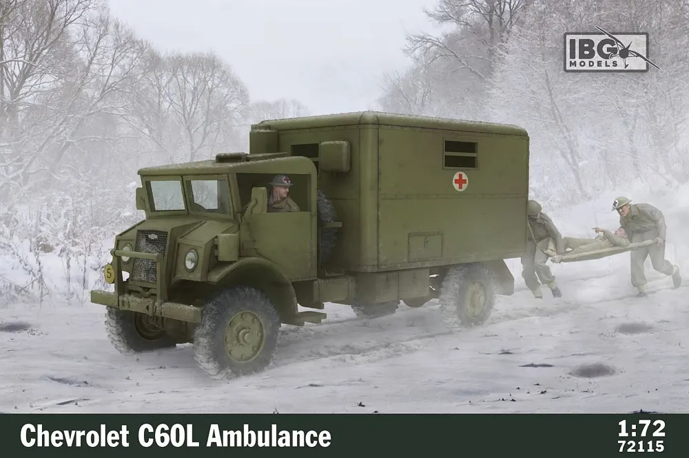 Krabice plastikové stavebnice IBG Models 72115 Chevrolet C60L Ambulance v měřítku 1/72