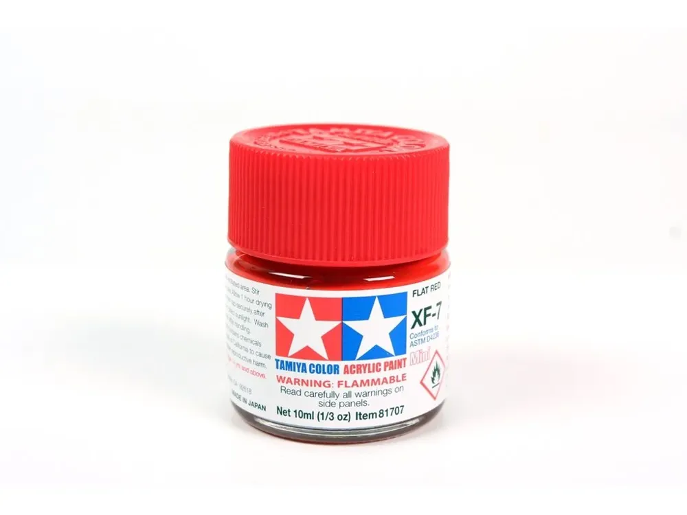 Lahvička akrylové barvy Tamiya Acrylic Mini XF-7 Flat Red 10 ml