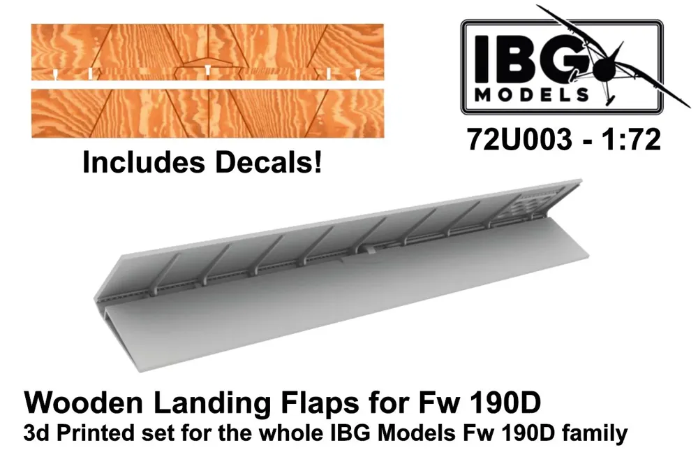 Sada IBG Models 72U003 — 3D tištěné dřevěné vztlakové klapky pro Fw 190D v měřítku 1/72
