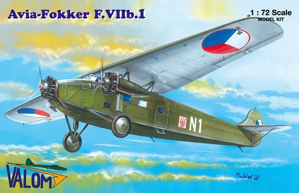 Krabice stavebnice Valom 1/72 Avia-Fokker F.VIIb.1 s československým vojenským zbarvením