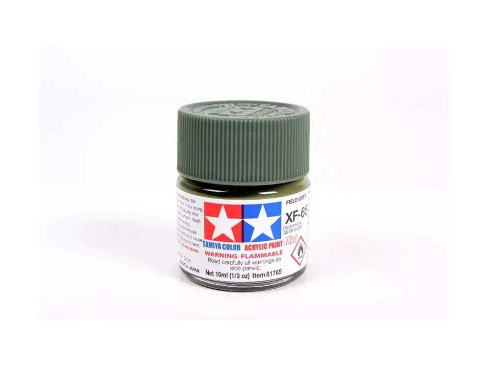 Skleněná lahvička akrylové barvy Tamiya Acrylic Mini XF-65 Field Grey 10 ml