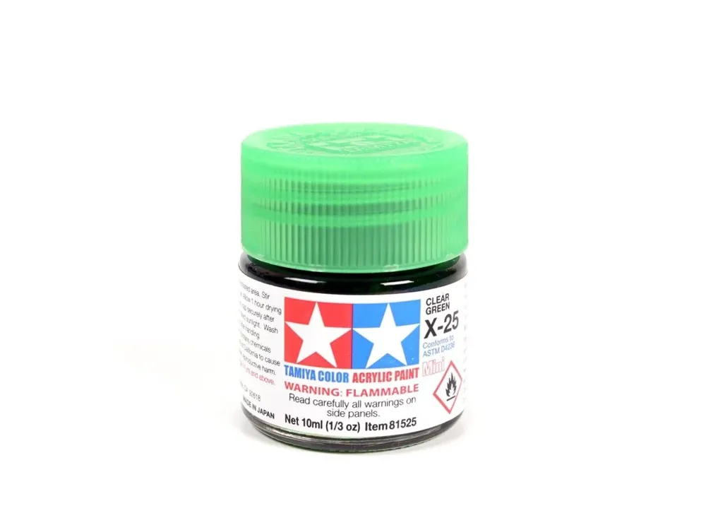 Skleněná lahvička akrylové barvy Tamiya Acrylic Mini X-25 Clear Green transparentní zelená 10 ml