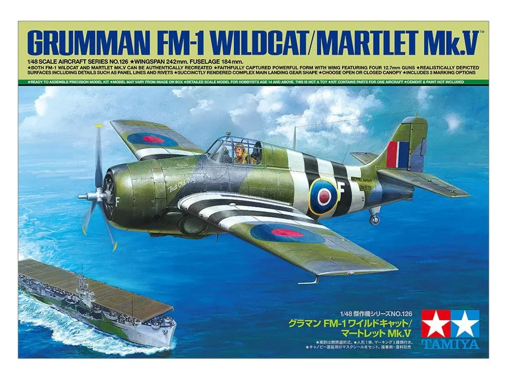 Krabice plastikové stavebnice Tamiya 61126 Grumman FM-1 Wildcat/Martlet Mk.VI v měřítku 1/48