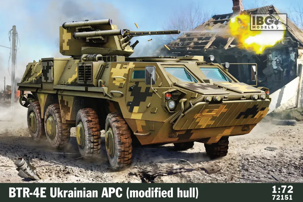 Krabice plastikové stavebnice IBG Models 72151 BTR-4E ukrajinský obrněný transportér v měřítku 1/72