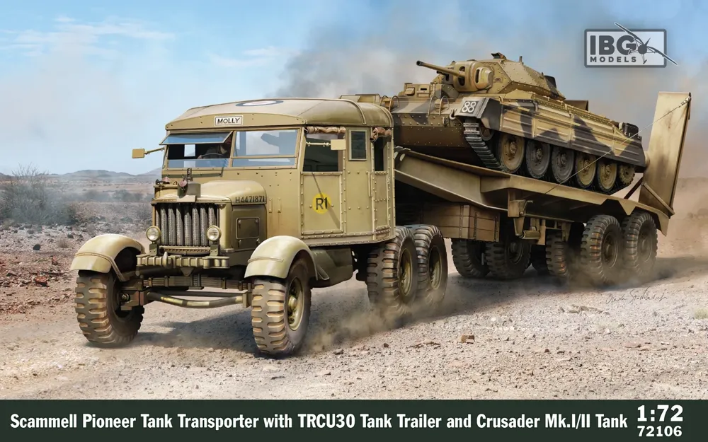 Krabice stavebnice IBG Models 72106 Scammell Tank Transporter s přívěsem TRCU30 a tankem Crusader 1/72