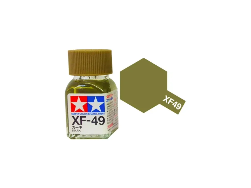 Skleněná lahvička emailové barvy Tamiya Enamel XF-49 Khaki, matný odstín, 10 ml