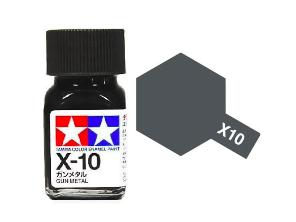 Skleněná lahvička emailové barvy Tamiya Enamel 80010 X-10 Gun Metal kovová šedá 10 ml
