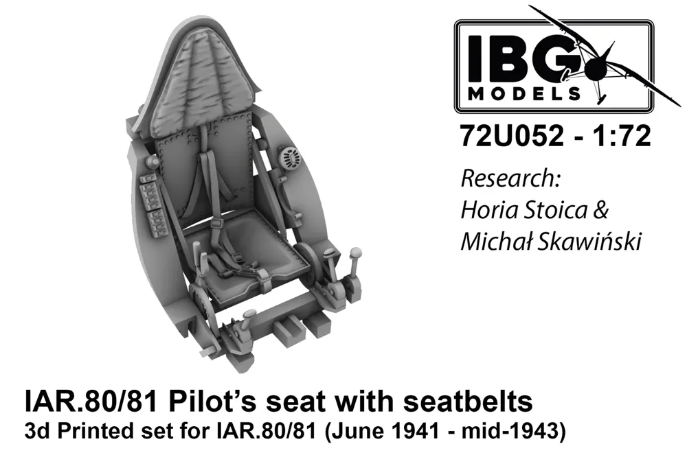 3D tištěná pilotní sedačka s bezpečnostními pásy IBG Models 72U052 pro IAR.80/81 v měřítku 1/72
