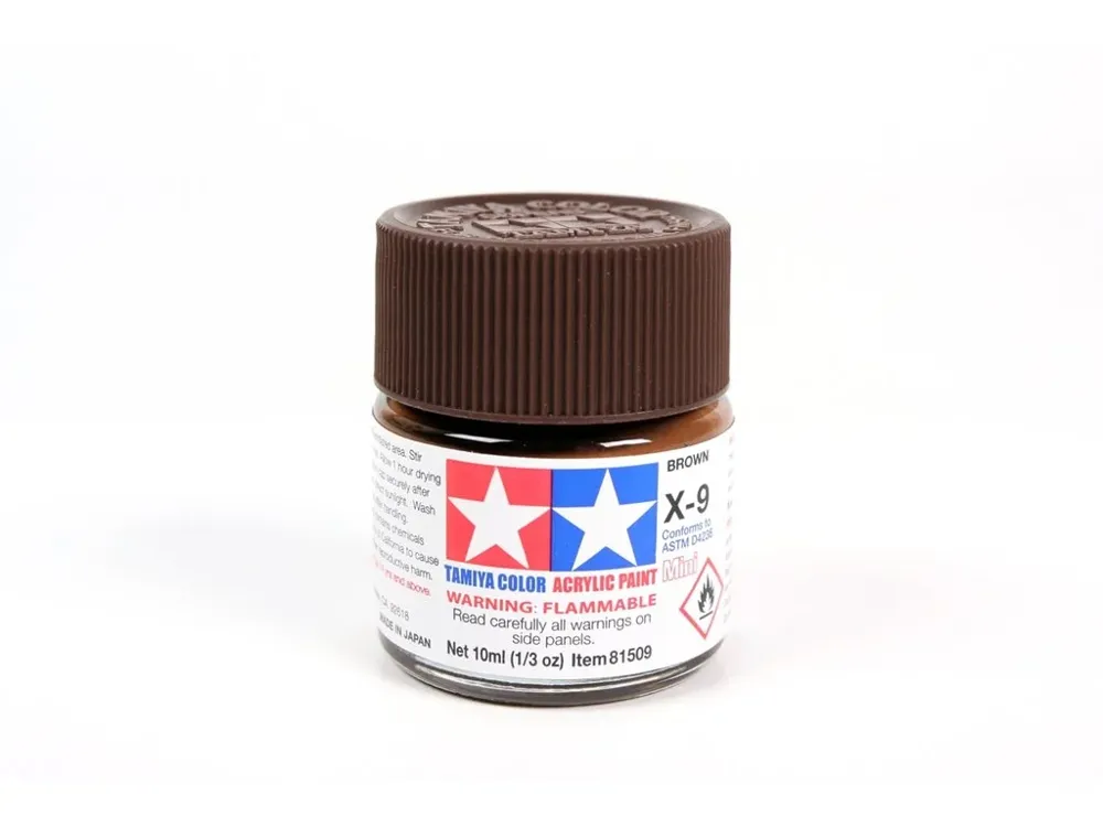 Skleněná lahvička akrylové barvy Tamiya 81509 Acrylic Mini X-9 Brown, hnědá lesklá, 10 ml