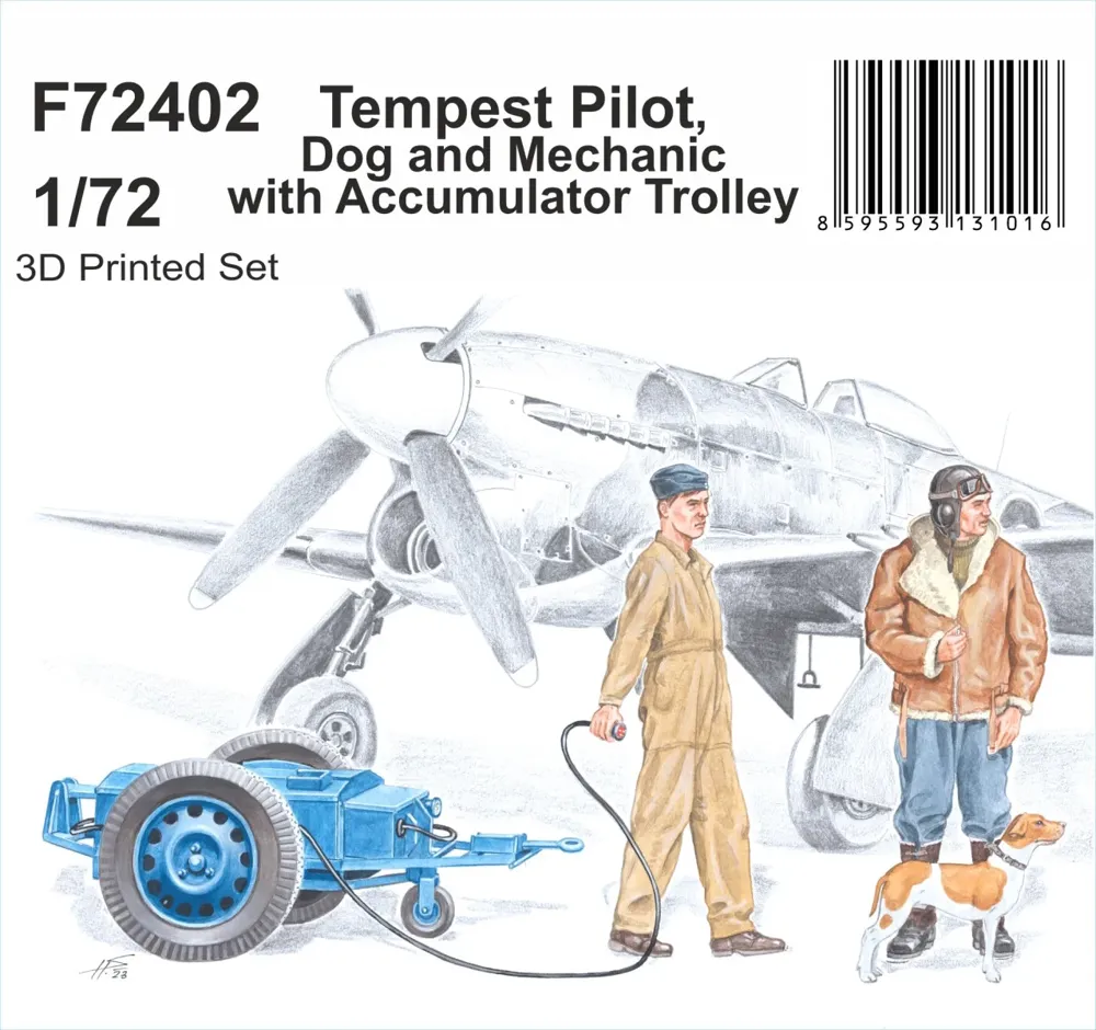 Resinové figurky CMK F72402 1/72 – pilot Tempestu, mechanik s vozíkem akumulátoru a pes