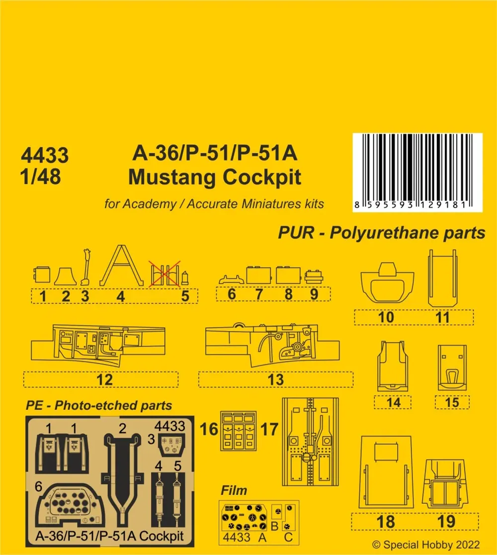 Resinový kokpit CMK 4433 v měřítku 1/48 pro Mustang A-36/P-51/P-51A s fotolepty