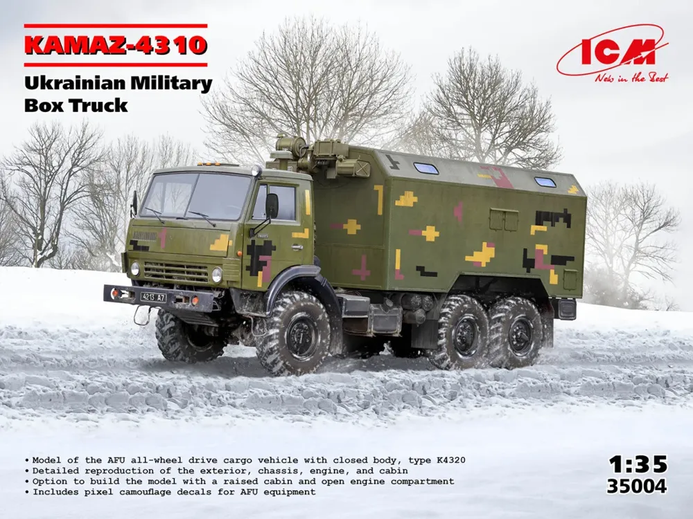 Krabice plastikové stavebnice ICM 35004 KAMAZ-4310 Ukrainian Military Box Truck v měřítku 1/35