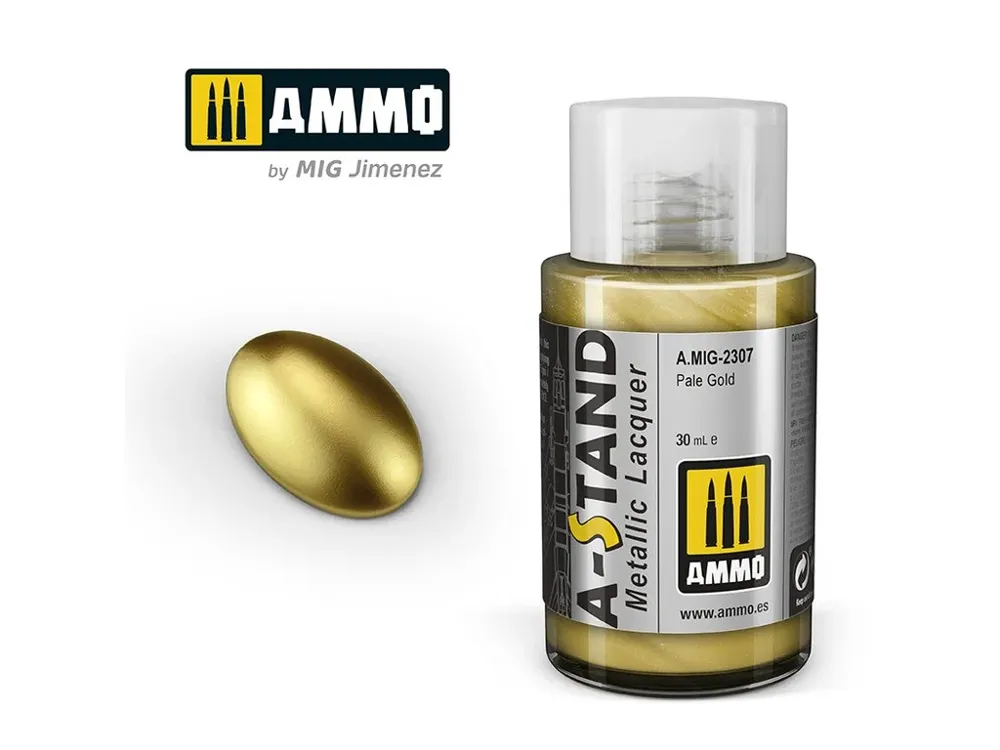 Lahvička metalické lakové barvy AMMO Mig A-STAND A.MIG-2307 Pale Gold 30 ml