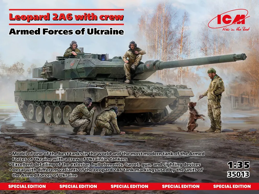 Krabice plastikové stavebnice ICM 35013 Leopard 2A6 ukrajinských ozbrojených sil s posádkou 1/35
