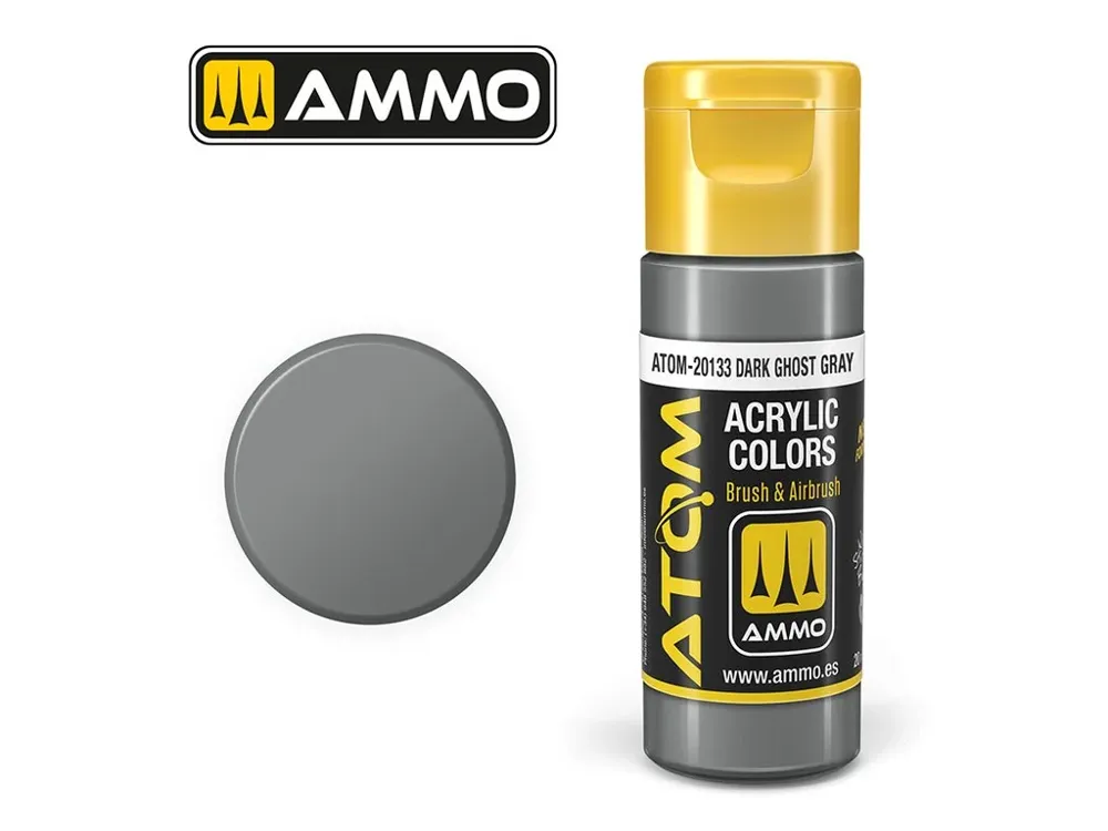 Lahvička akrylové barvy AMMO Mig ATOM Color 20133 Dark Ghost Gray, 20 ml