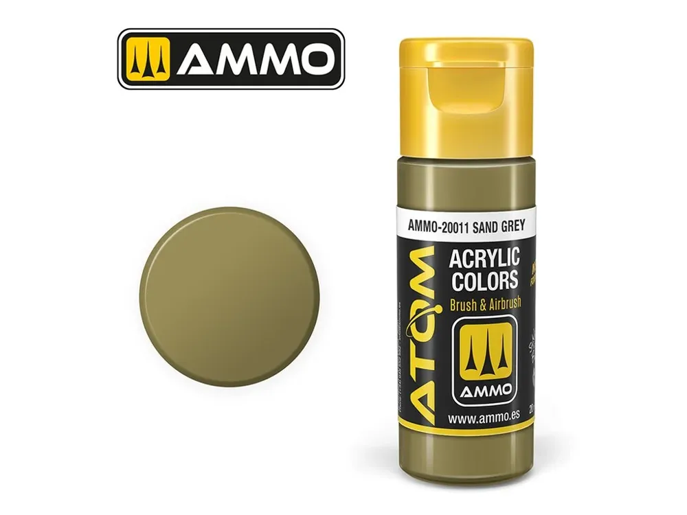 Lahvička akrylové barvy AMMO Mig ATOM COLOR 20011 písková šedá Sand Grey 20 ml
