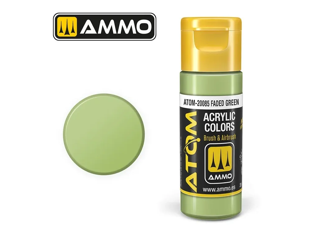 Lahvička akrylové barvy AMMO Mig ATOM COLOR ATOM-20085 vybledlá zelená Faded Green 20 ml