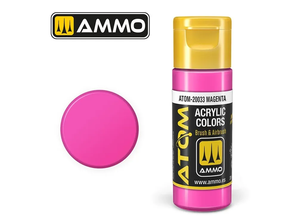 Lahvička akrylové barvy AMMO Mig ATOM COLOR 20033 purpurová (Magenta) 20 ml