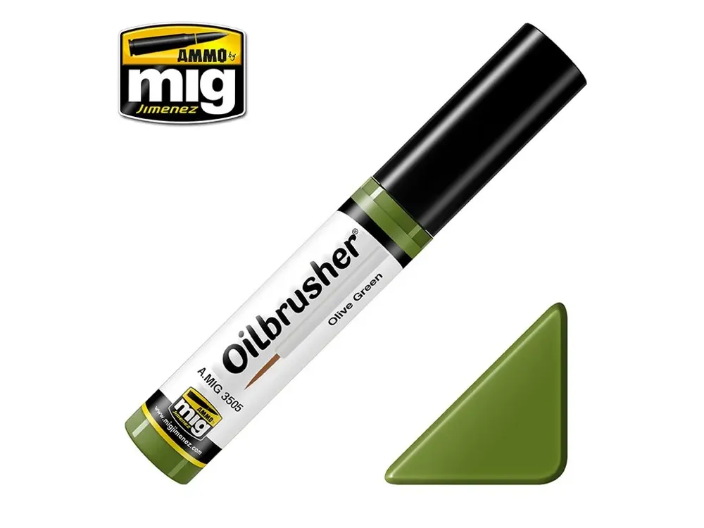 Lahvička olejové barvy AMMO Mig Oilbrusher 3505 olivová zelená 10 ml s aplikátorem