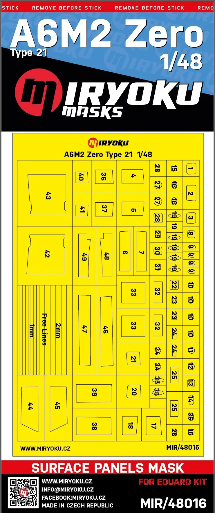 Lakovací masky Miryoku MIR-48016 povrchových panelů A6M2 Zero Type 21 v měřítku 1/48