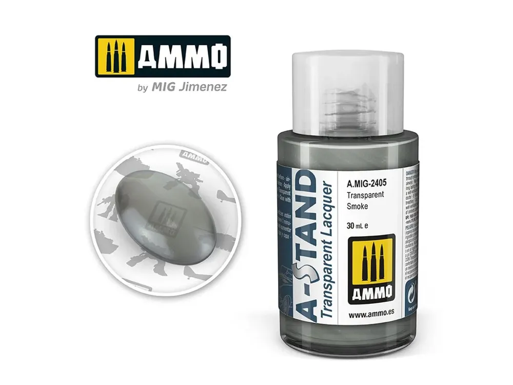 Lahvička lakové barvy AMMO Mig A-STAND A.MIG-2405 transparentní kouřová (Transparent Smoke) 30 ml