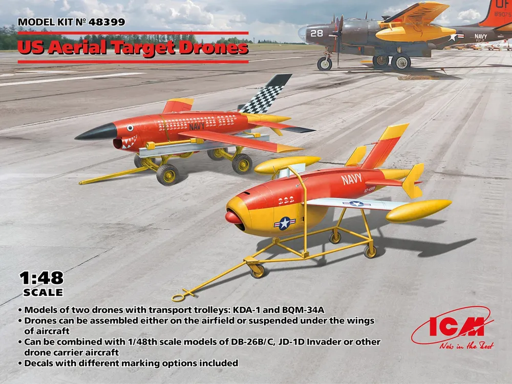 Krabice plastikové stavebnice ICM 48399 americké vzdušné cílové drony s přívěsy v měřítku 1/48
