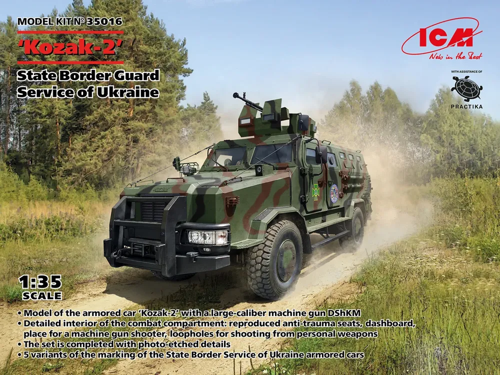 Krabice plastikové stavebnice ICM 35016 Kozak-2 v měřítku 1/35, obrněné vozidlo pohraniční služby Ukrajiny
