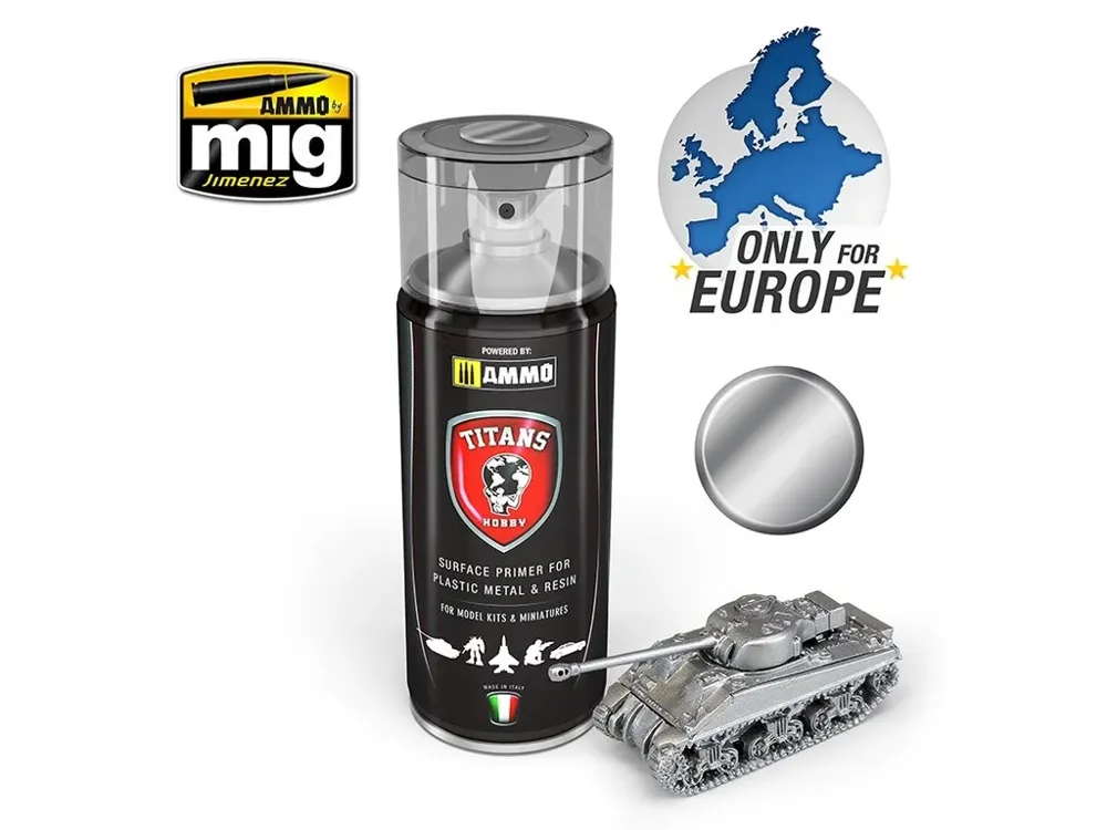 Sprej Titans Hobby Bare Metal Primer 400 ml, akrylový základ v metalickém odstínu holý kov