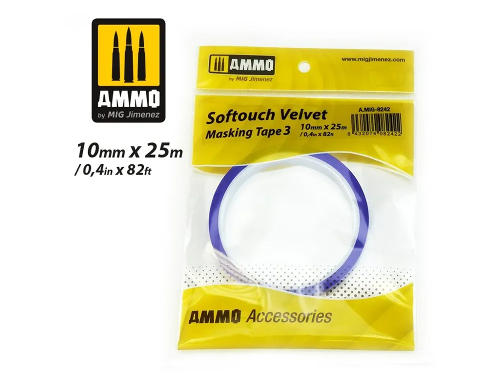 Role maskovací pásky AMMO Mig 8242 Softouch Velvet Masking Tape #3, šíře 10 mm, délka 25 m