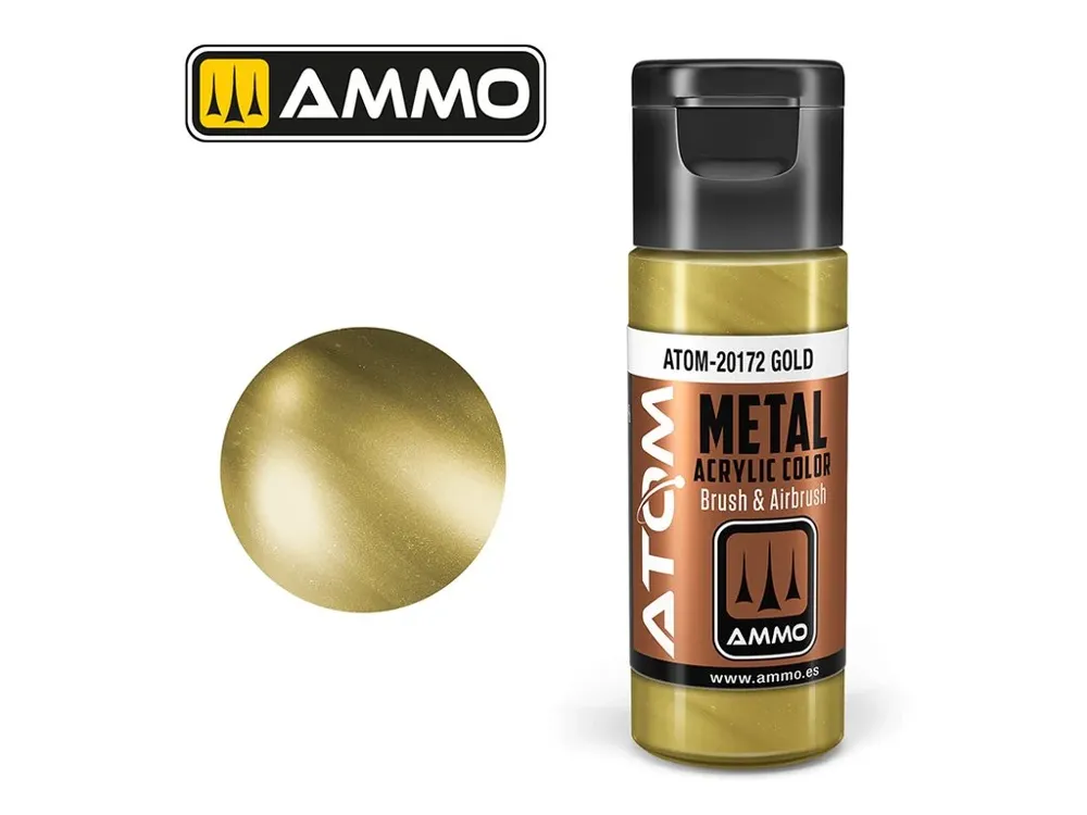 Lahvička akrylové barvy AMMO Mig ATOM Metallic ATOM-20172 zlatá, 20 ml