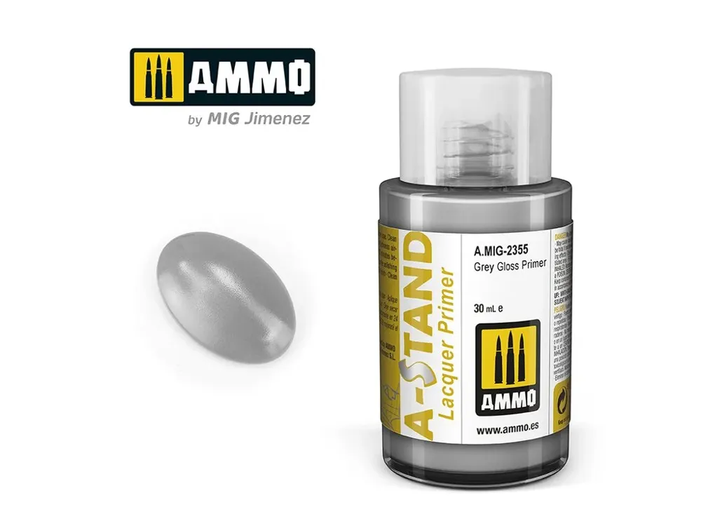 Lahvička AMMO Mig A.MIG-2355 A-STAND Grey Gloss Primer, šedý lesklý primer