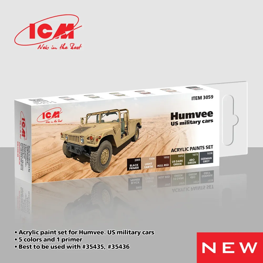 Sada akrylových barev ICM 3059 Humvee – US military cars, 6 lahviček po 12 ml
