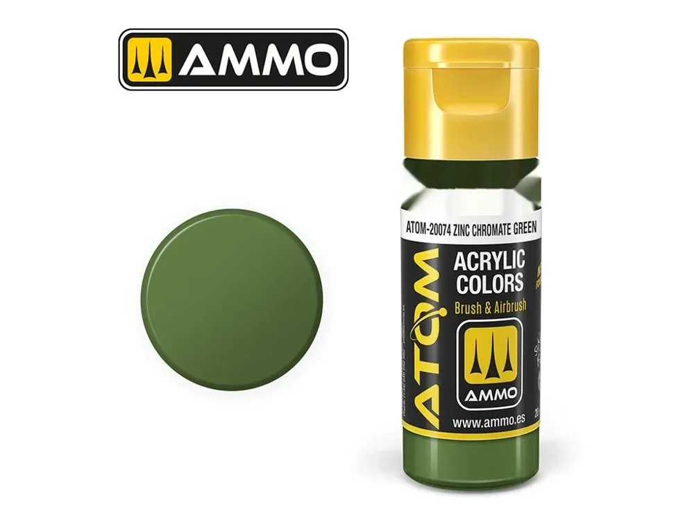 Lahvička akrylové barvy AMMO Mig ATOM Color 20074 zinkchromátová zelená 20 ml
