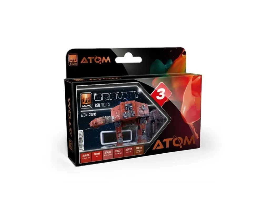 Sada šesti lahviček akrylových barev AMMO Mig ATOM Gravity Set 3 červená, 20 ml