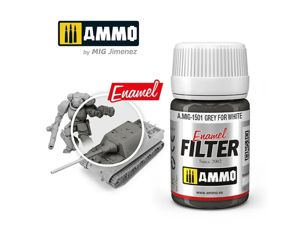 Lahvička enamelového filtru AMMO Mig A.MIG-1501 šedý pro bílou (Grey for White) 35 ml