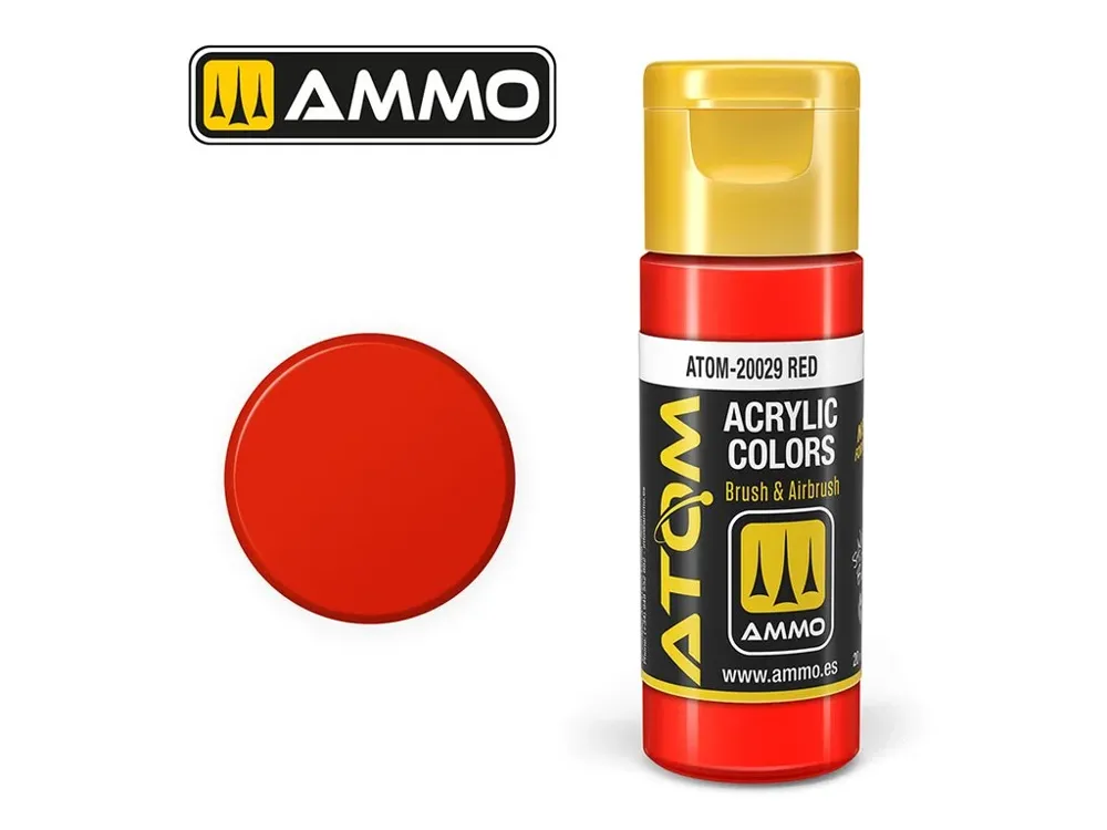Lahvička akrylové barvy AMMO Mig ATOM Color 20029 červená (Red) 20 ml