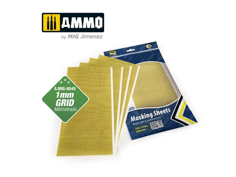 Balení maskovacích listů AMMO Mig A.MIG-8045 s mřížkou 1 mm, 5 samolepících listů 290 × 145 mm