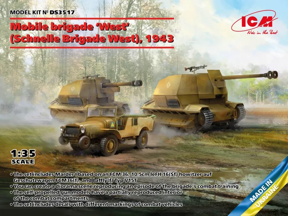 Krabice stavebnice ICM DS3517 Schnelle Brigade West 1943 v měřítku 1/35 se třemi vozidly