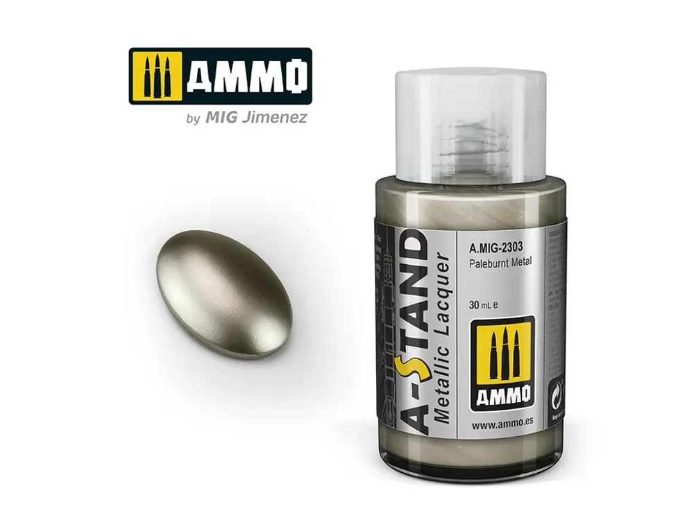Lahvička lakové barvy AMMO Mig A-STAND A.MIG-2303 světle spálený kov 30 ml