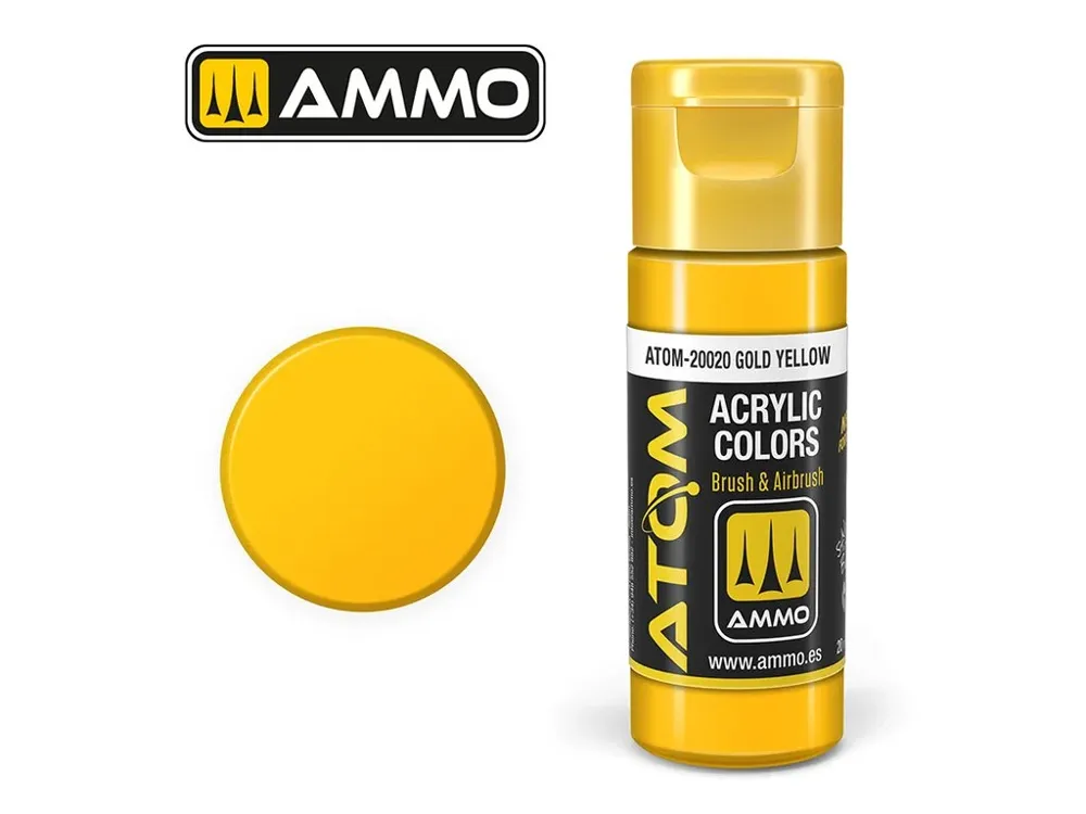 Lahvička akrylové barvy AMMO Mig ATOM Color 20020 zlatě žlutá Gold Yellow 20 ml