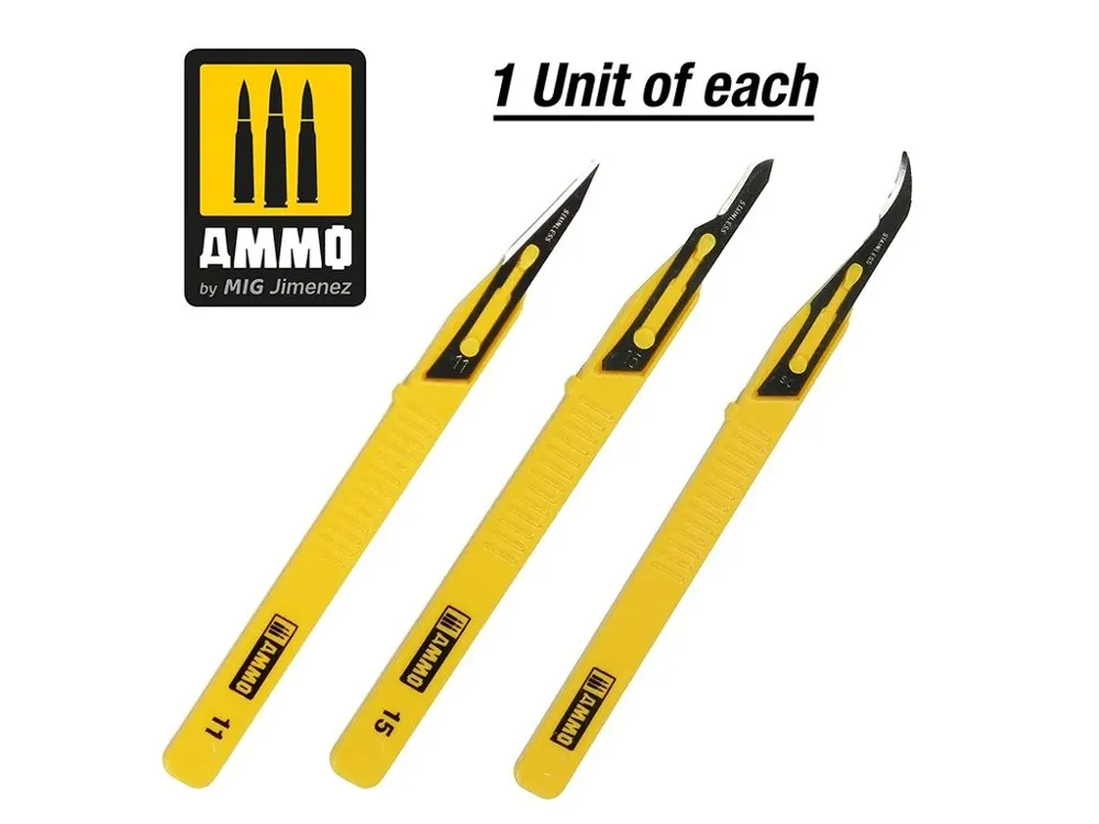 Sada tří mini čepelí AMMO Mig A.MIG-8691 Mini Blade Set – přímá, zahnutá a ripper