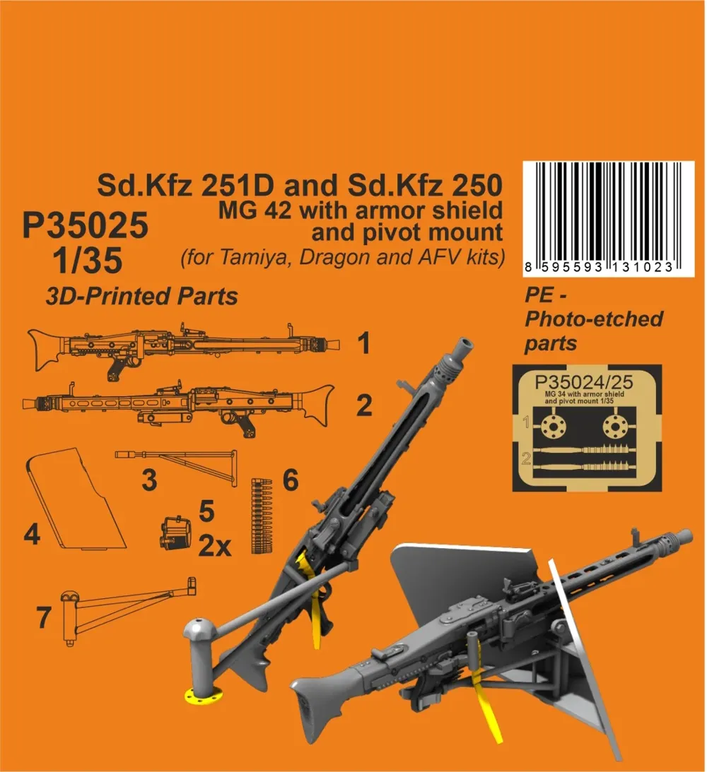 3D tištěný resinový set CMK P35025 MG 42 s pancéřovým štítem pro Sd.Kfz 251D v měřítku 1/35