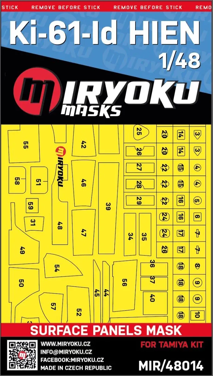 Lakovací masky Miryoku MIR-48014 povrchových panelů Kawasaki Ki-61-Id Hien v měřítku 1/48
