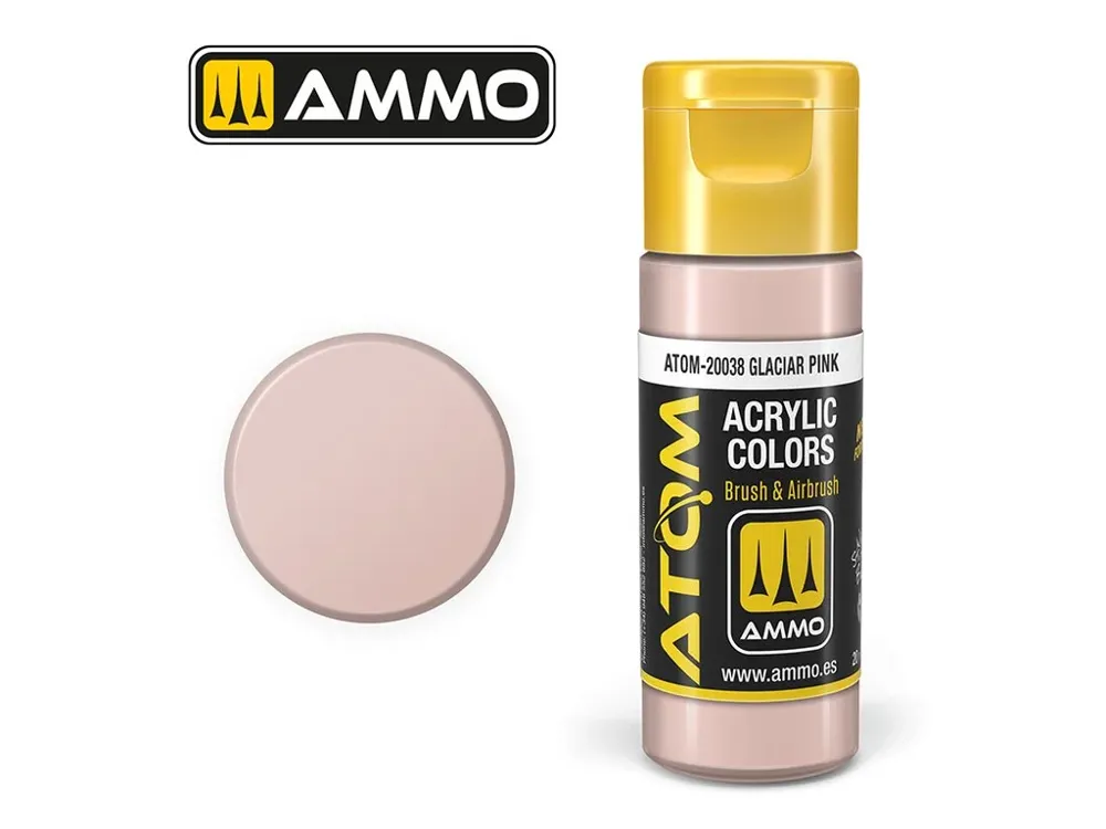 Lahvička akrylové barvy AMMO Mig ATOM Color 20038 ledovcová růžová Glacier Pink, 20 ml