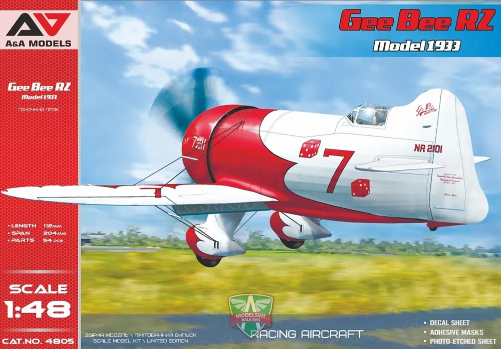 Krabice plastikové stavebnice A&A Models AAM4805 Gee Bee R2 verze 1933 v měřítku 1/48