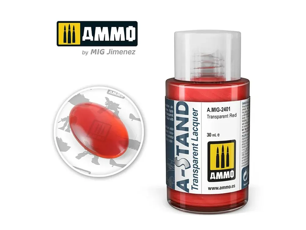 Lahvička lakové barvy AMMO Mig A-STAND A.MIG-2401 transparentní červená 30 ml