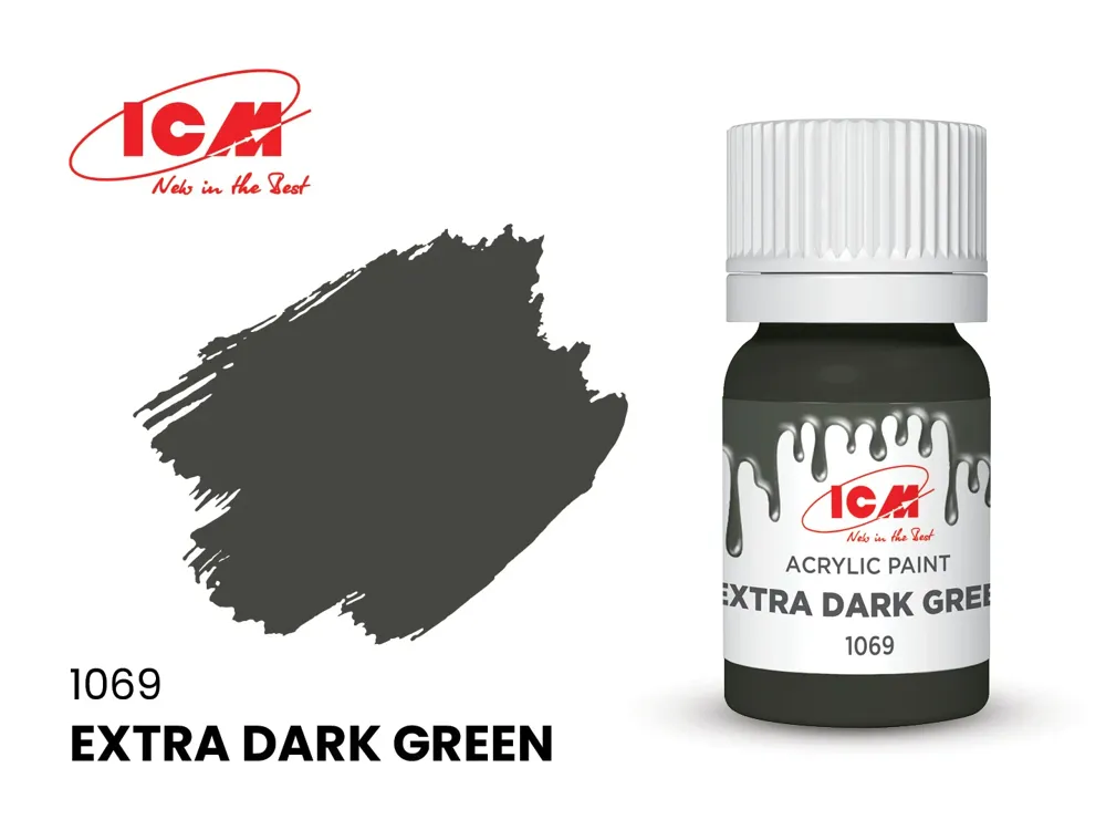 Lahvička akrylové barvy ICM Acrylic 1069 extra tmavá zelená (Extra Dark Green) 12 ml