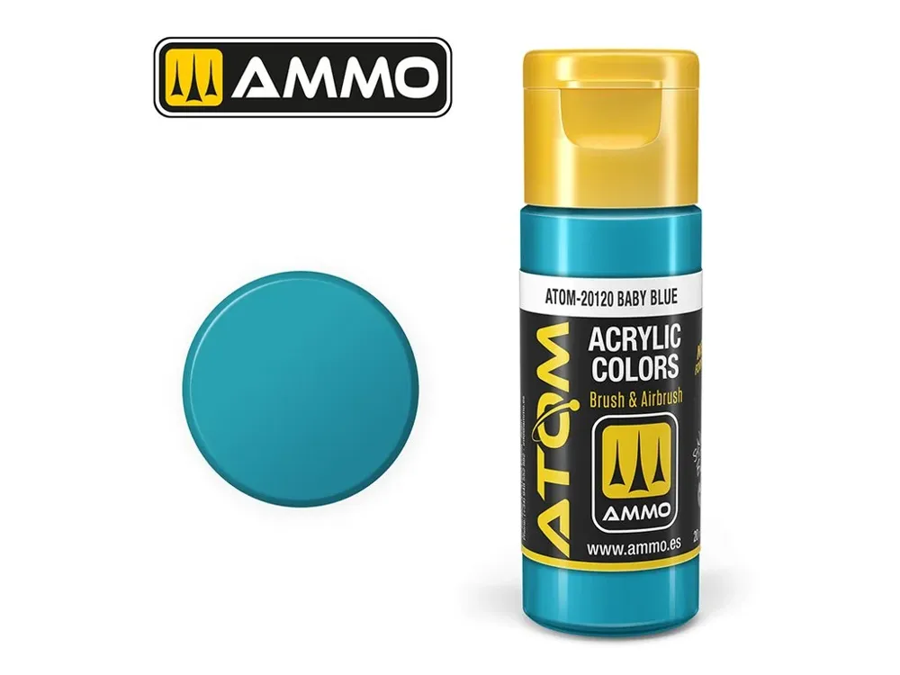Lahvička akrylové barvy AMMO Mig ATOM COLOR ATOM-20120 světle modrá Baby Blue 20 ml