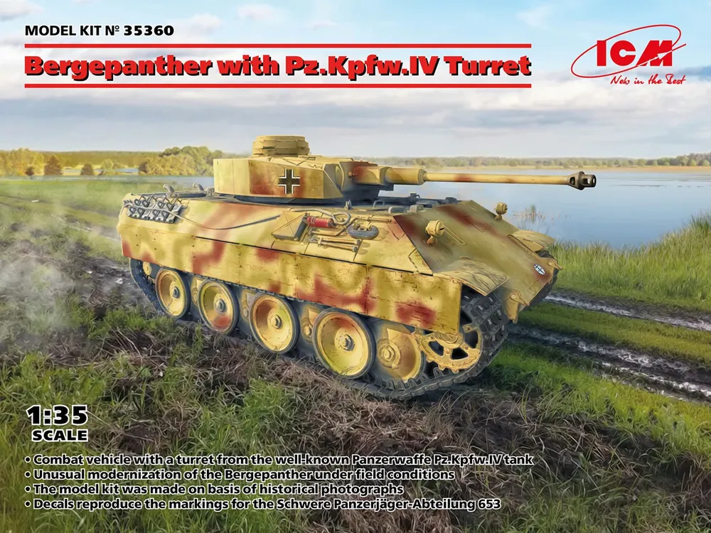 Krabice plastikové stavebnice ICM 35360 Bergepanther s věží Pz.Kpfw.IV v měřítku 1/35
